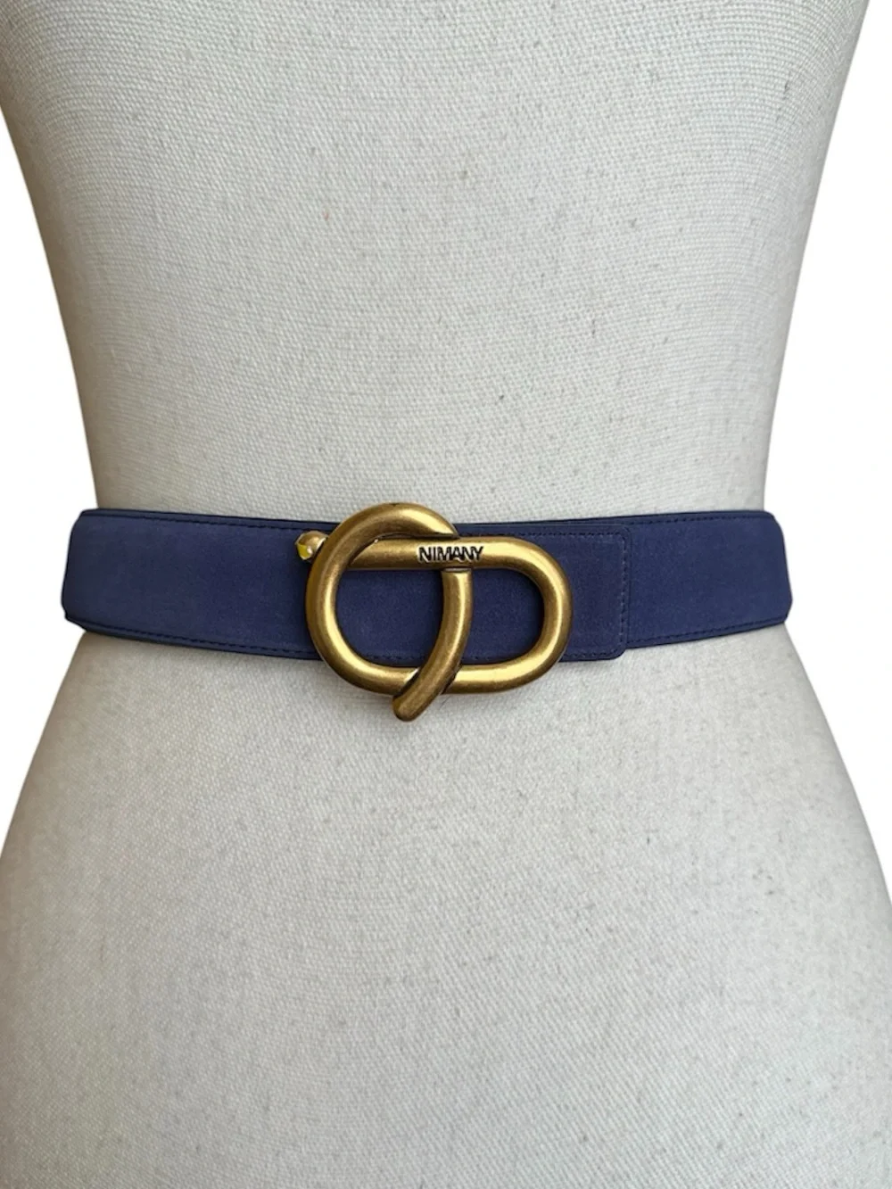 Nimany Bespoke Art Luna Blue Suede Belt with Vintage Gold Tone Buckle Size M